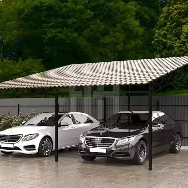 Навес из металлочерепицы для двух автомобилей